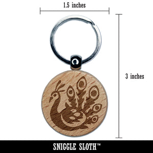 Pretty Peacock Engraved Wood Round Keychain Tag Charm