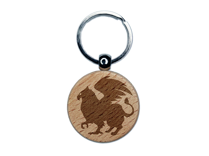 Regal Griffin Fantasy Silhouette Engraved Wood Round Keychain Tag Charm