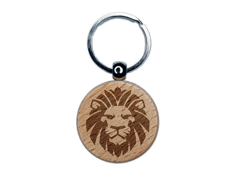 Regal Lion Head Engraved Wood Round Keychain Tag Charm