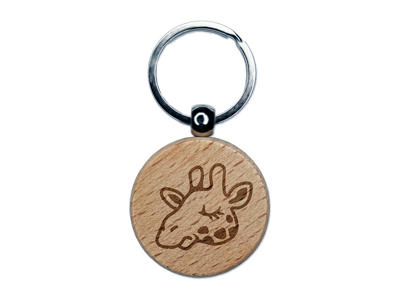 Sleepy Giraffe Head Engraved Wood Round Keychain Tag Charm