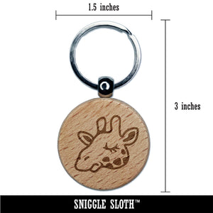 Sleepy Giraffe Head Engraved Wood Round Keychain Tag Charm