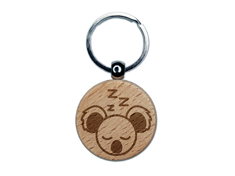 Sleepy Koala Head Engraved Wood Round Keychain Tag Charm