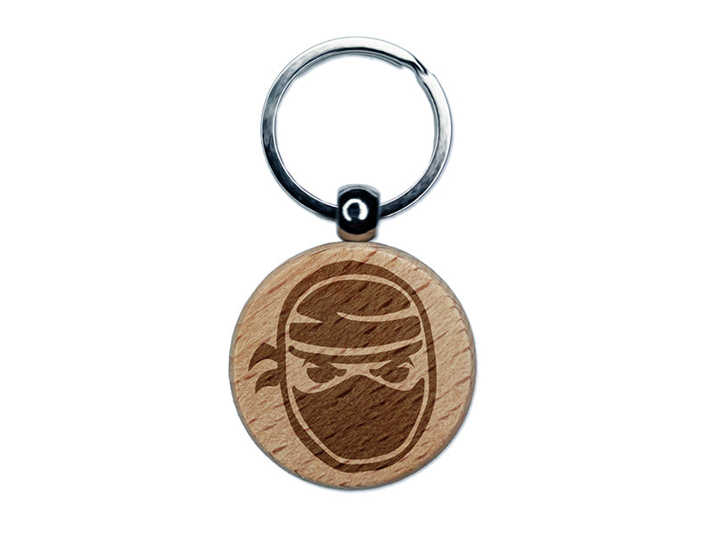 Sneaky Ninja Face Engraved Wood Round Keychain Tag Charm