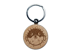 Startled Puffer Fish Engraved Wood Round Keychain Tag Charm