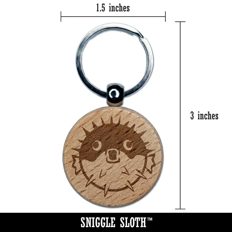 Startled Puffer Fish Engraved Wood Round Keychain Tag Charm