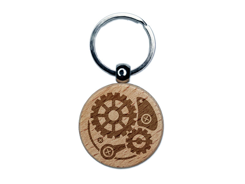 Steampunk Clockwork Watch Gears Engraved Wood Round Keychain Tag Charm