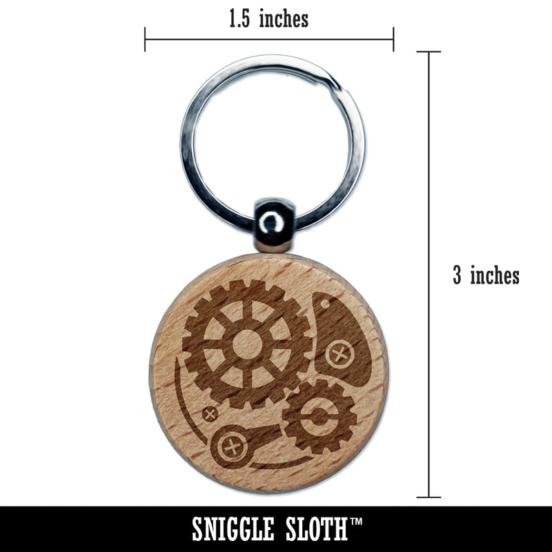 Steampunk Clockwork Watch Gears Engraved Wood Round Keychain Tag Charm