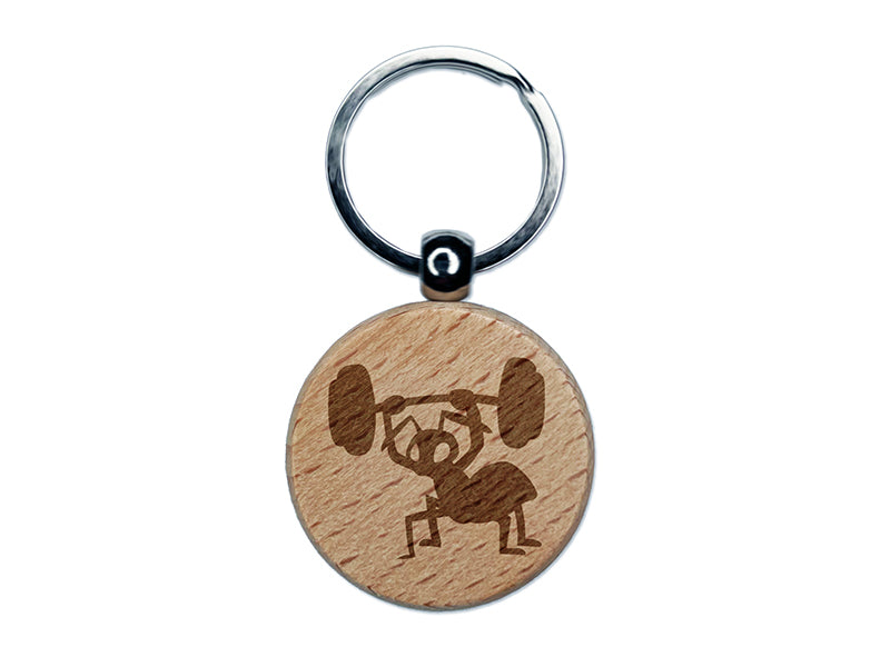 Strong Ant Lifting Barbell Engraved Wood Round Keychain Tag Charm