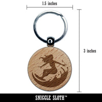 Surfing Surfer Girl on Wave Engraved Wood Round Keychain Tag Charm