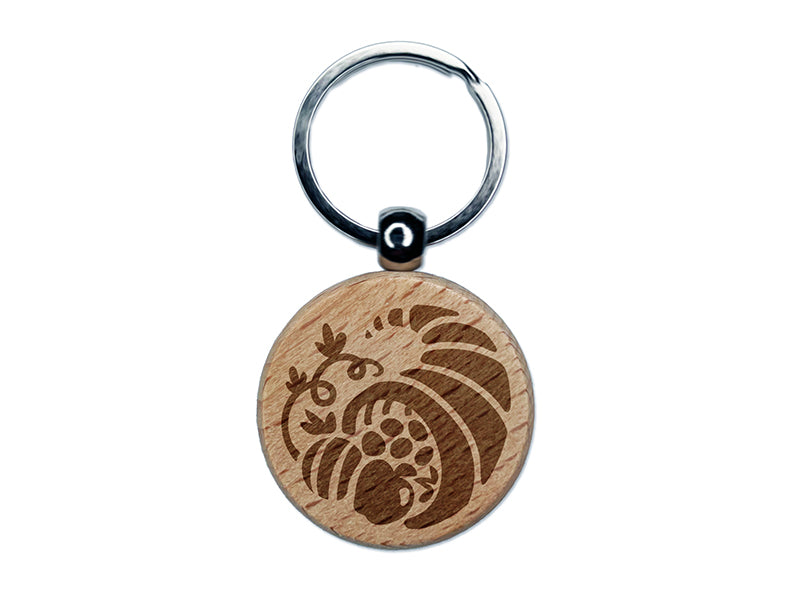 Thanksgiving Fall Cornucopia Engraved Wood Round Keychain Tag Charm