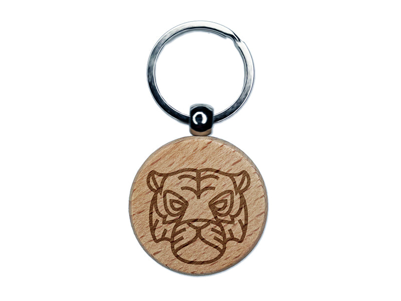 Tiger Head Icon Engraved Wood Round Keychain Tag Charm