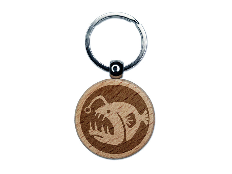 Toothy Angler Fish Engraved Wood Round Keychain Tag Charm