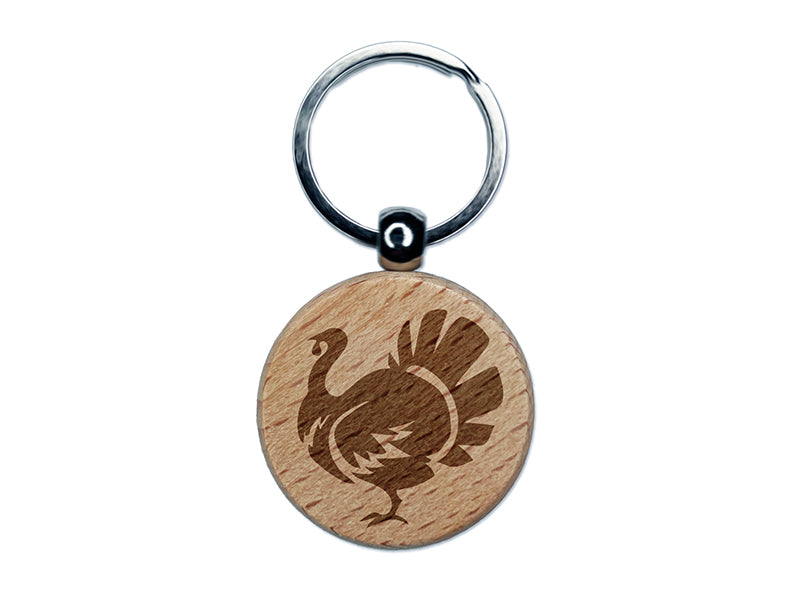 Turkey Silhouette Thanksgiving Engraved Wood Round Keychain Tag Charm