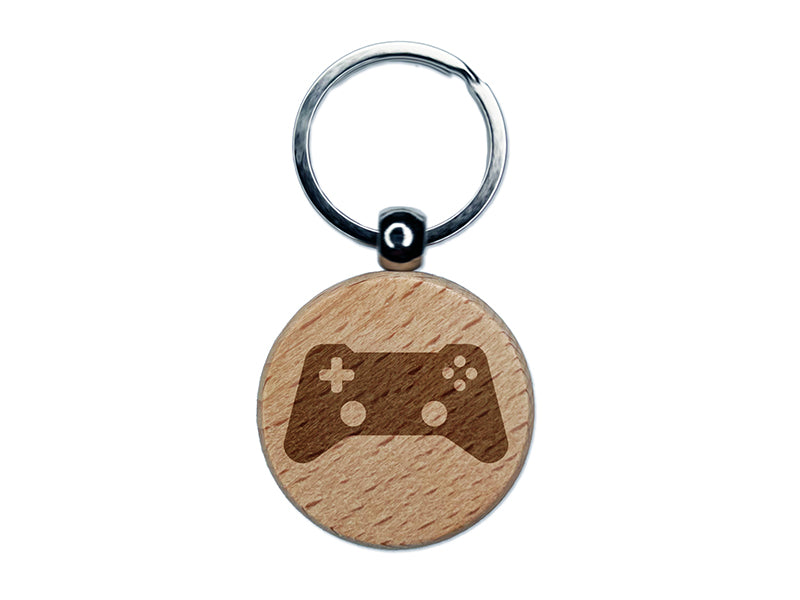 Video Game Controller Icon Engraved Wood Round Keychain Tag Charm