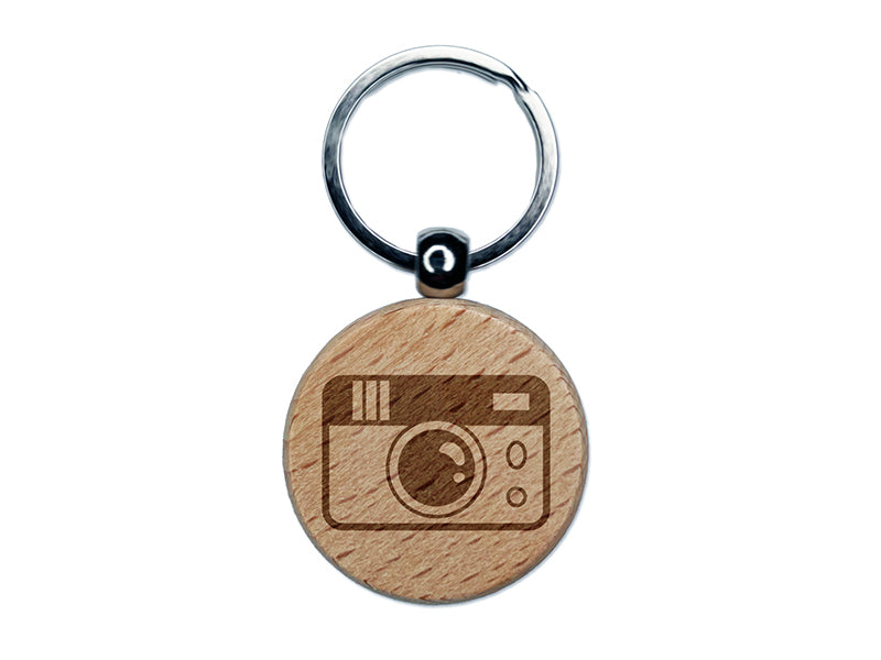 Vintage Disposable Camera Engraved Wood Round Keychain Tag Charm