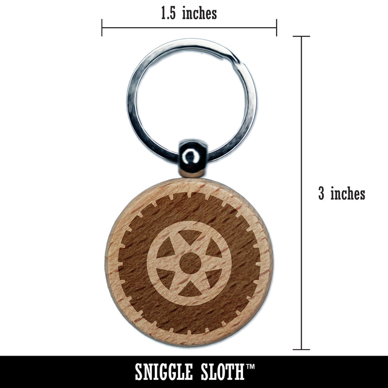 Wheel Tire Icon Engraved Wood Round Keychain Tag Charm