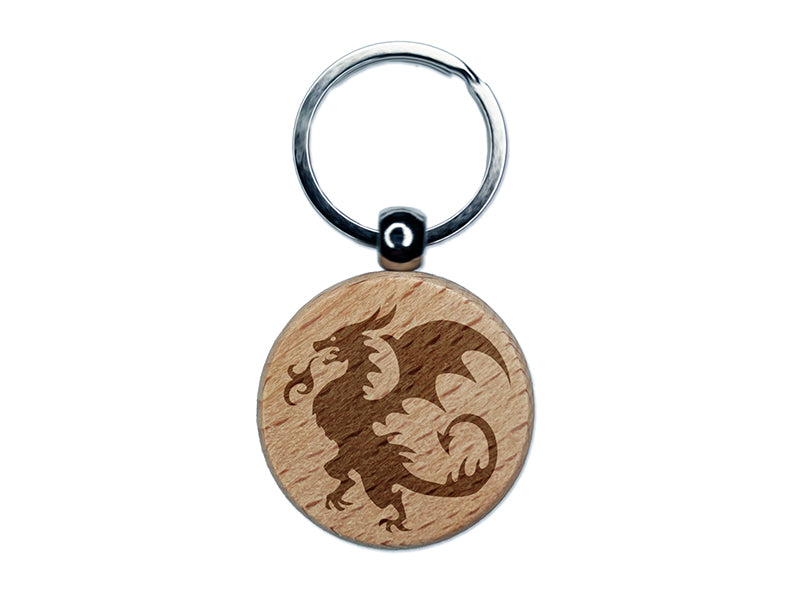 Wyvern Dragon Fantasy Silhouette Engraved Wood Round Keychain Tag Charm