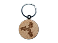 Christmas Holly Engraved Wood Round Keychain Tag Charm