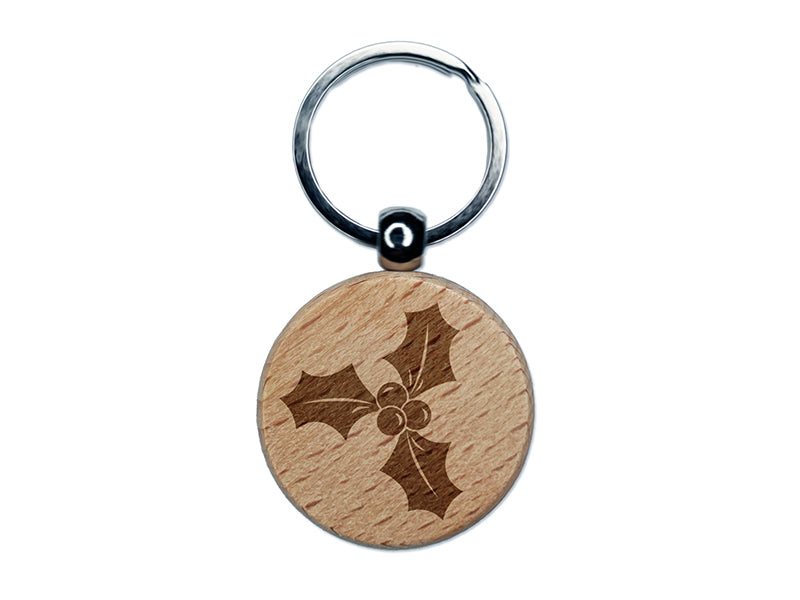 Christmas Holly Engraved Wood Round Keychain Tag Charm