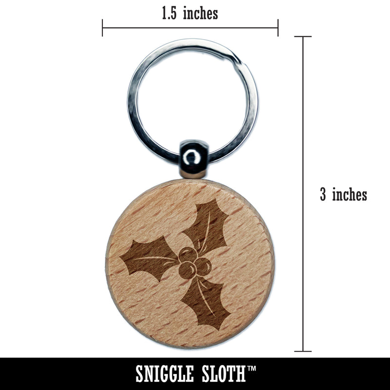 Christmas Holly Engraved Wood Round Keychain Tag Charm