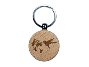 Hummingbird and Flower Engraved Wood Round Keychain Tag Charm