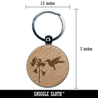 Hummingbird and Flower Engraved Wood Round Keychain Tag Charm