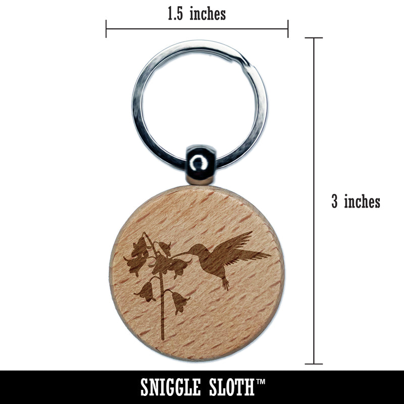 Hummingbird and Flower Engraved Wood Round Keychain Tag Charm