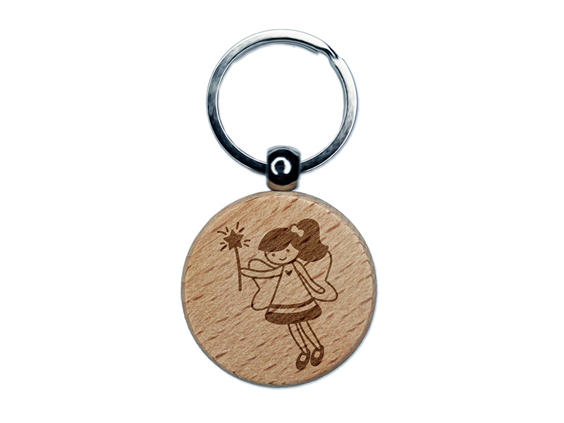 Sweet Fairy with Wand Engraved Wood Round Keychain Tag Charm