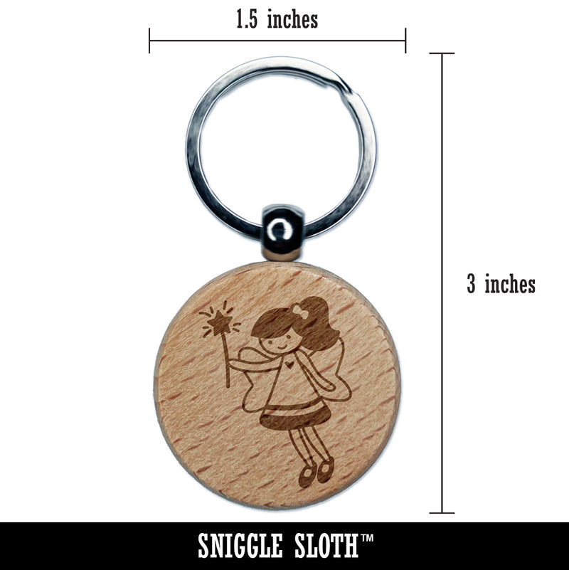 Sweet Fairy with Wand Engraved Wood Round Keychain Tag Charm