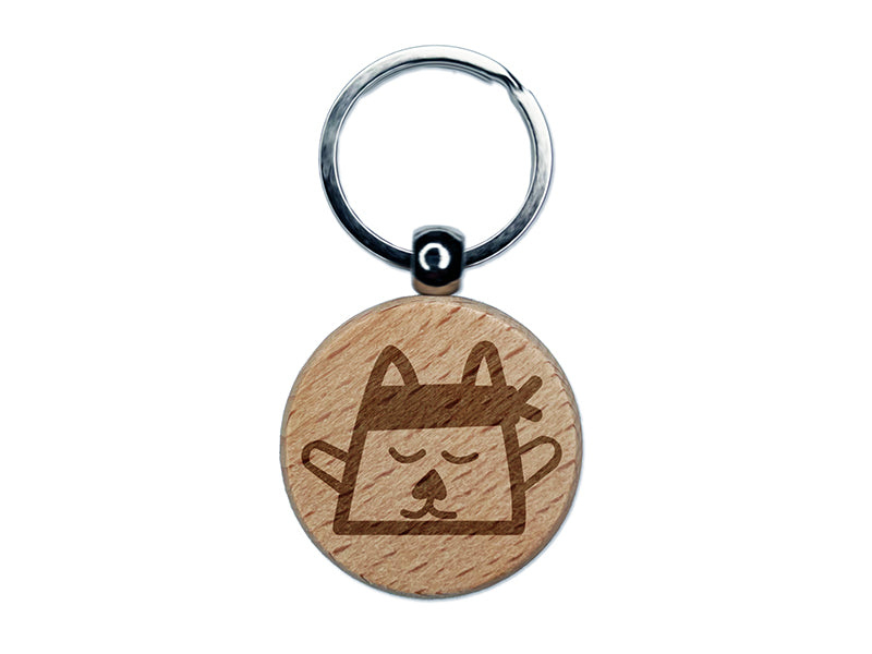 Ninja Kitty Cat Doodle Engraved Wood Round Keychain Tag Charm