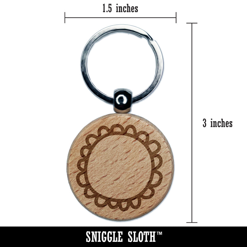 Scalloped Circle Frame Doodle Engraved Wood Round Keychain Tag Charm