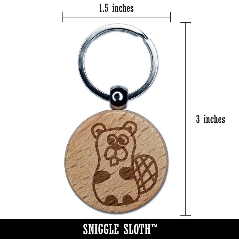 Silly Beaver Doodle Engraved Wood Round Keychain Tag Charm