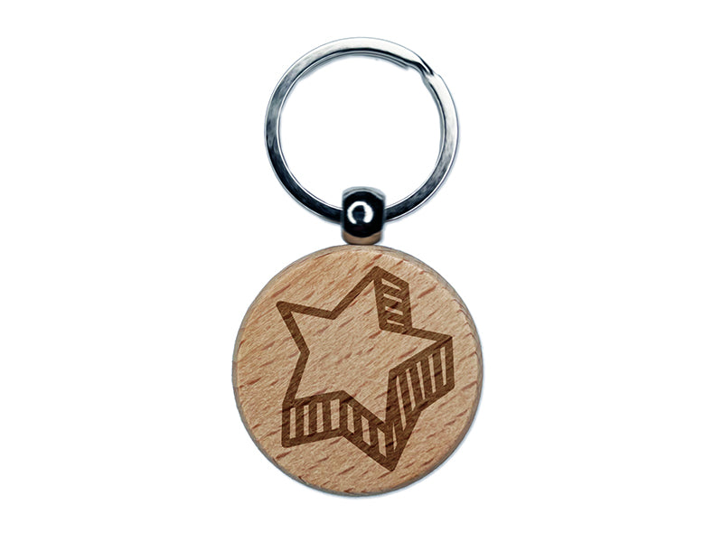 Star with Shadow Excellent Doodle Engraved Wood Round Keychain Tag Charm