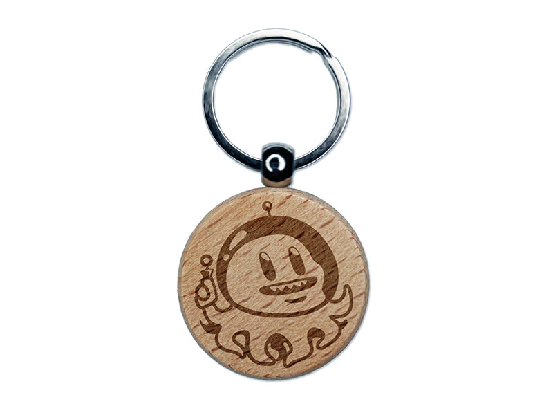 Alien Space Octopus Engraved Wood Round Keychain Tag Charm