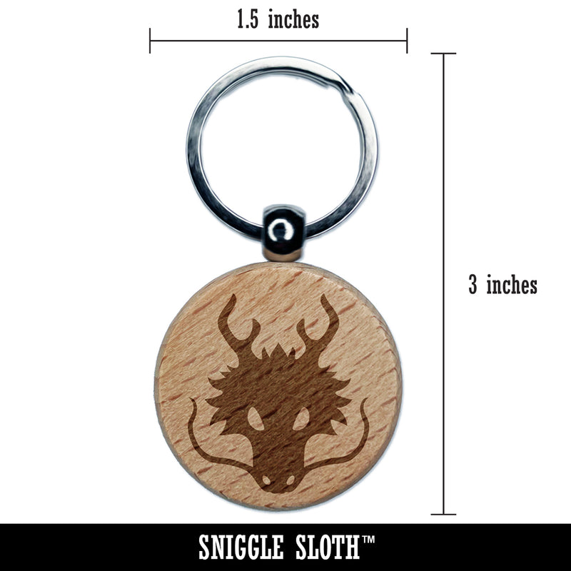 Asian Dragon Head Engraved Wood Round Keychain Tag Charm