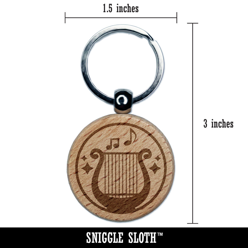 Bard Instrument Harp Lyre Engraved Wood Round Keychain Tag Charm