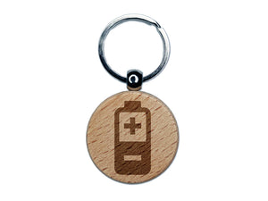 Battery Icon Engraved Wood Round Keychain Tag Charm