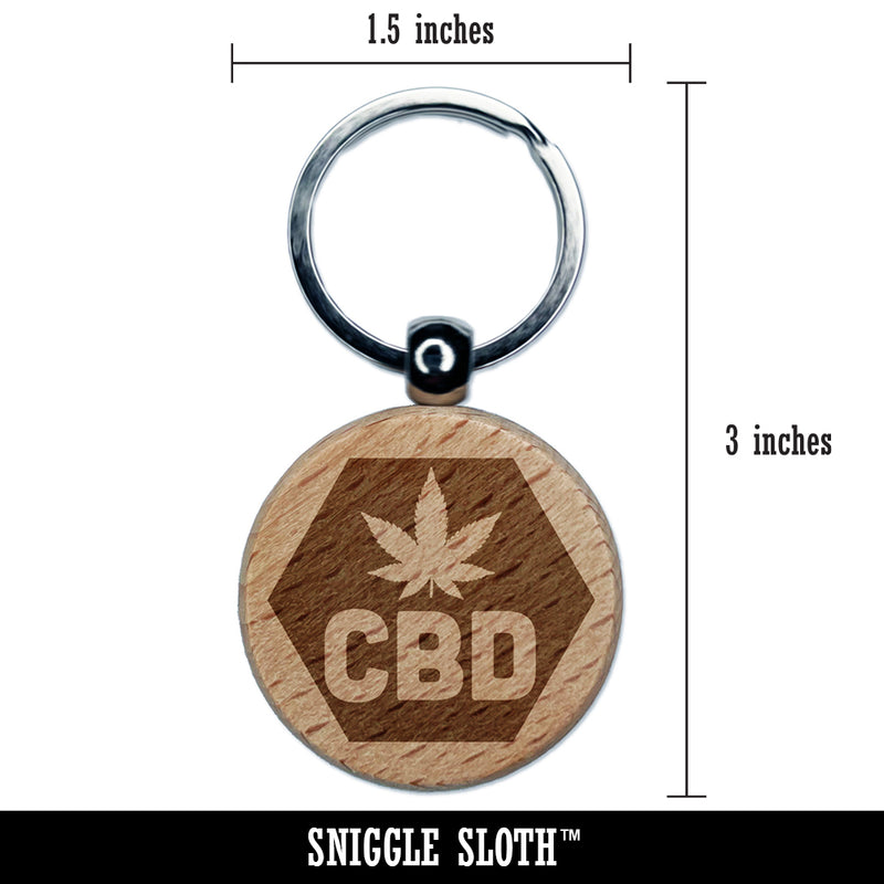 CBD Marijuana Leaf Hexagon Engraved Wood Round Keychain Tag Charm