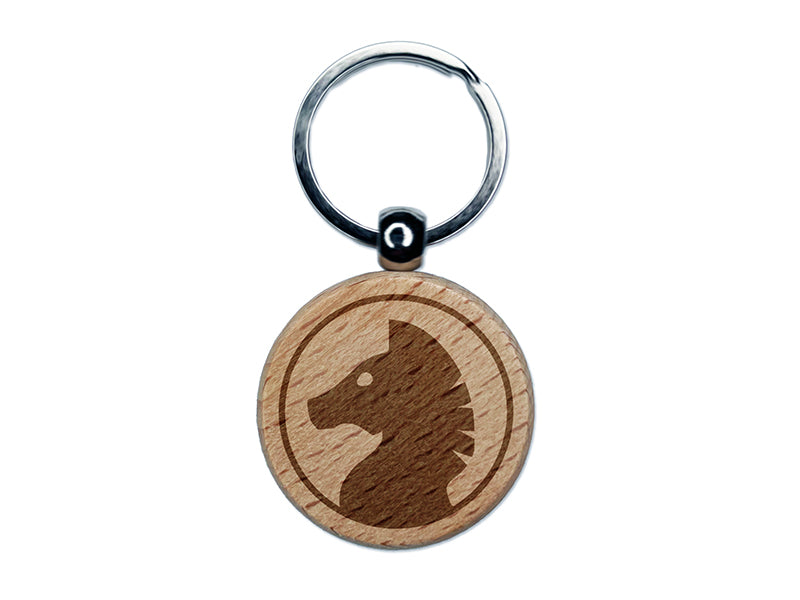 Chess Piece Black Knight Engraved Wood Round Keychain Tag Charm