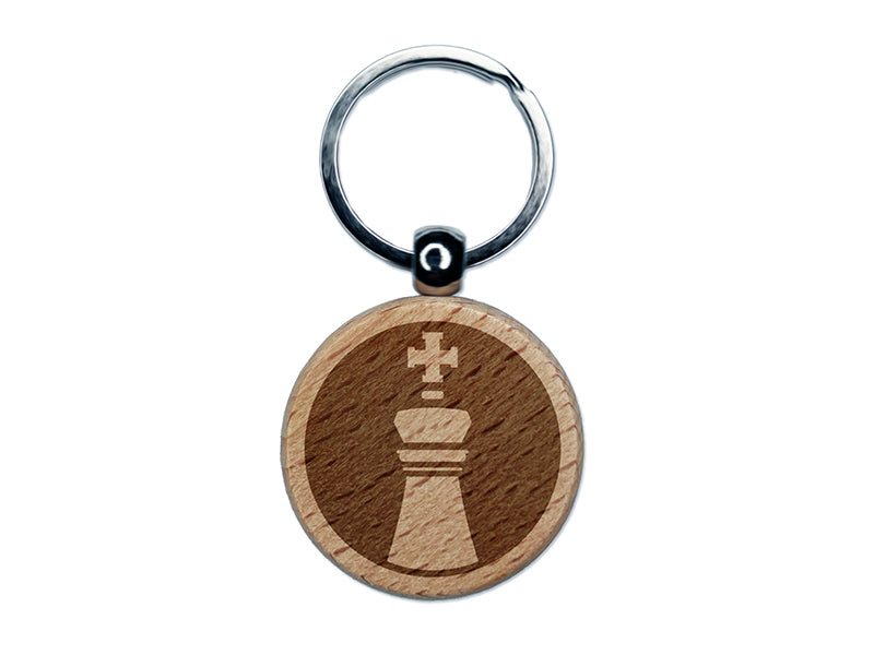 Chess Piece White King Engraved Wood Round Keychain Tag Charm
