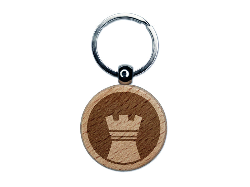 Chess Piece White Rook Engraved Wood Round Keychain Tag Charm
