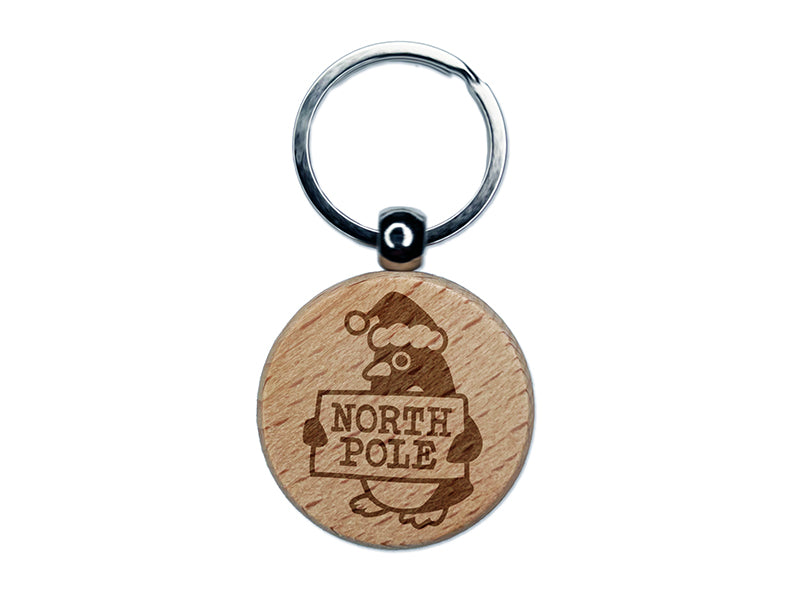 Christmas Penguin Going to North Pole Engraved Wood Round Keychain Tag Charm