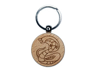 Coiled Cobra Snake Engraved Wood Round Keychain Tag Charm