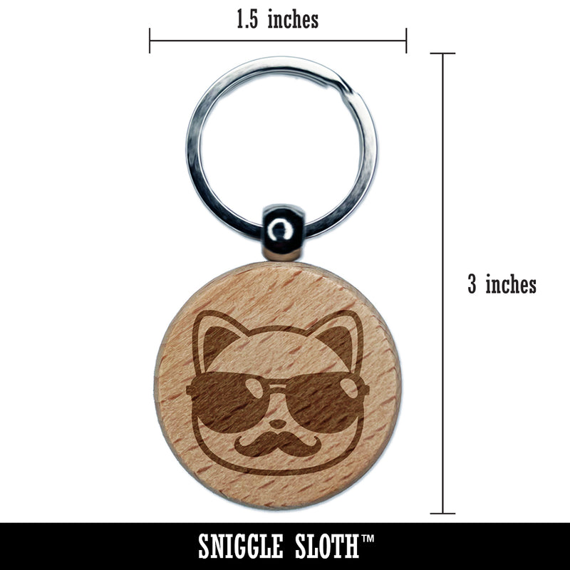 Cool Cat with Sunglasses and Mustache Engraved Wood Round Keychain Tag Charm
