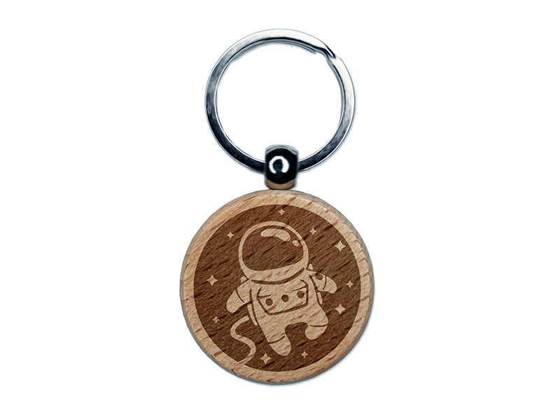 Cute Astronaut in Space with Stars Engraved Wood Round Keychain Tag Charm