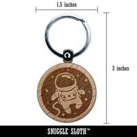 Cute Astronaut in Space with Stars Engraved Wood Round Keychain Tag Charm