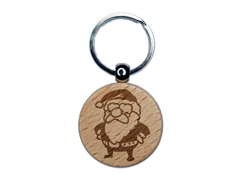 Cute Chibi Santa Claus Christmas Engraved Wood Round Keychain Tag Charm