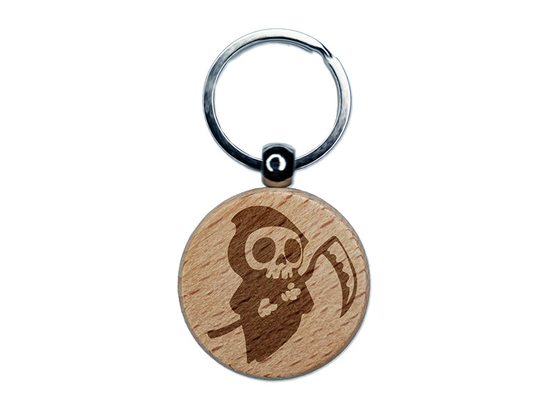 Cute Grim Reaper Death Halloween Engraved Wood Round Keychain Tag Charm