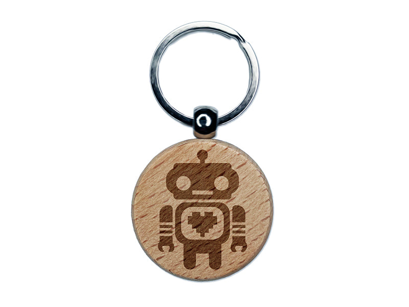 Cute Little Robot with a Heart Engraved Wood Round Keychain Tag Charm