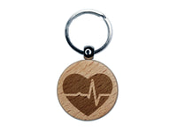EKG Pulse Heart Beat Engraved Wood Round Keychain Tag Charm